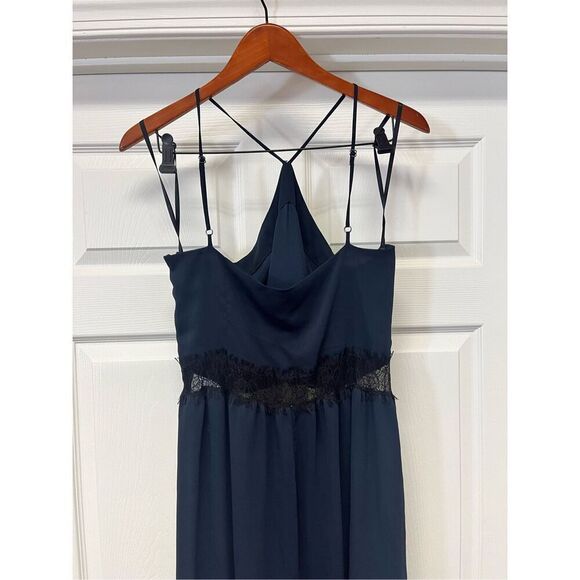 BCBGENERATION Navy Chiffon Black Lace Waist Halter Maxi Dress Gown sz 12 EUC - Picture 6 of 8